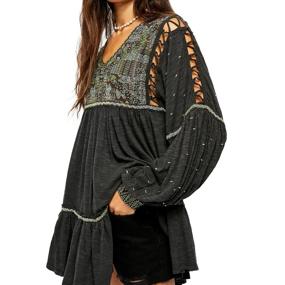 Free People Much Love Embroidered Ladder Stitch Balloon Sleeve Tunic Size S